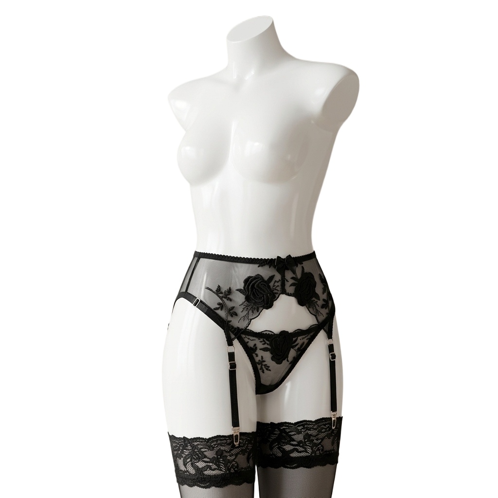 Garter Belt Set - ชุดกางเกงในและสายรัดถุงน่องลายดอกไม้ปักสำหรับผู้หญิง สายรัดถุงน่องลูกไม้เอวสูง พร้อมตัวปรับระดับได้ สำหรับชุดเจ้าสาว