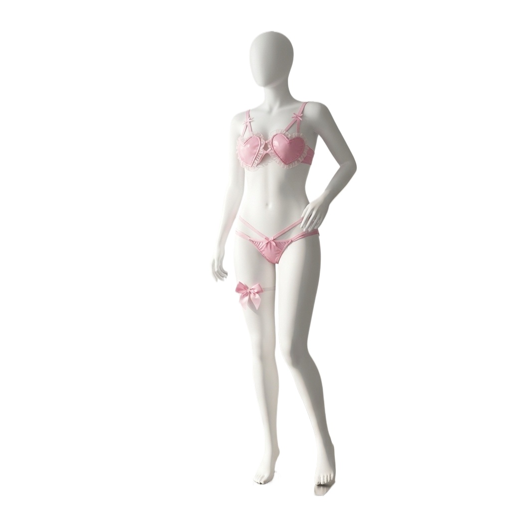 Thong Bikini Women - ชุดชั้นในลูกไม้ลายหัวใจสีชมพูสำหรับผู้หญิง บราแบบผูกคอประดับโบว์ จีสตริง กางเกงในบิกินี่เอวต่ำ สำหรับปาร์ตี้วาเลนไทน์